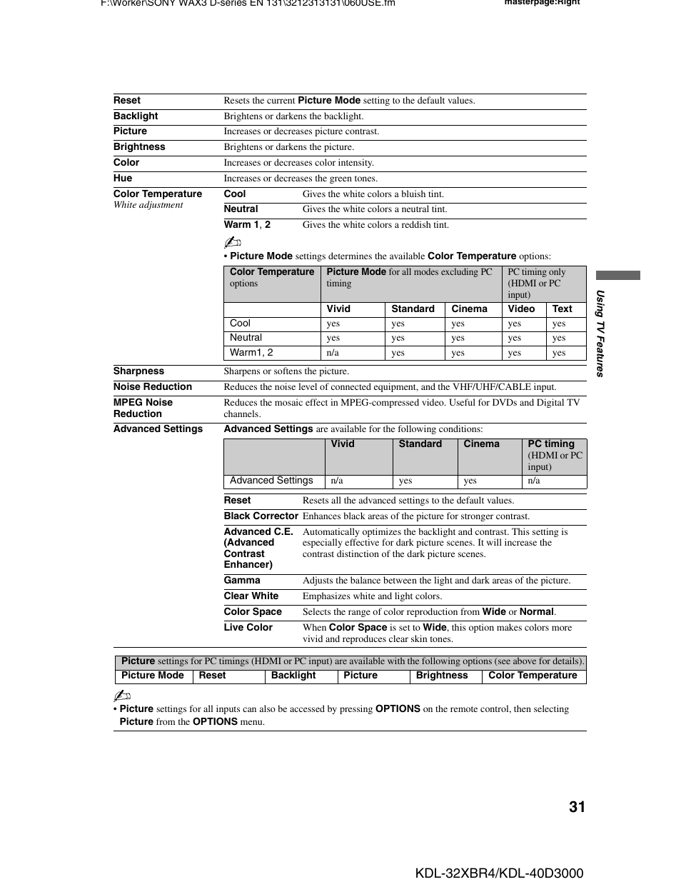 Sony KDL-32XBR4 User Manual | Page 31 / 48
