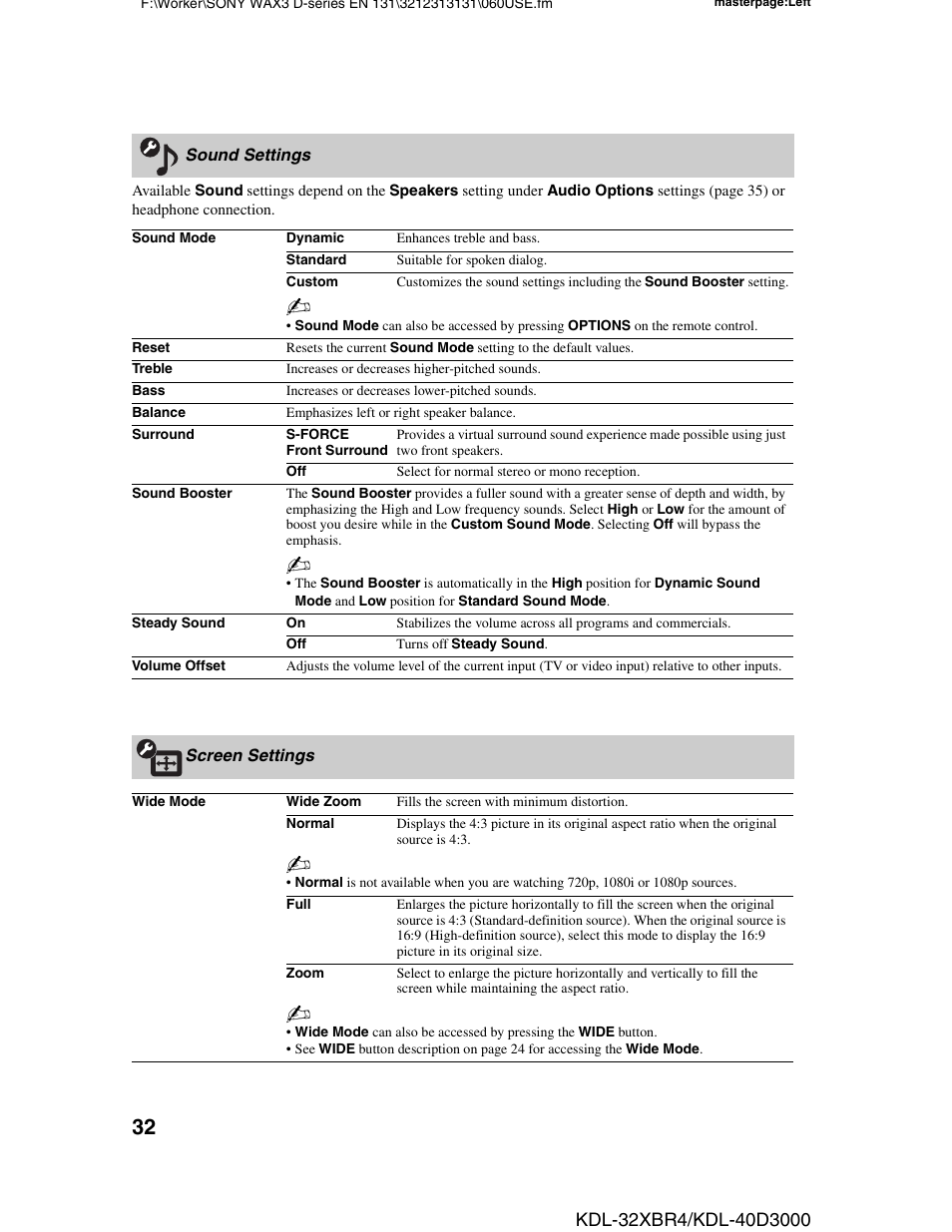 Sound settings, Screen settings, Sound settings screen settings | D 32 | Sony KDL-32XBR4 User Manual | Page 32 / 48
