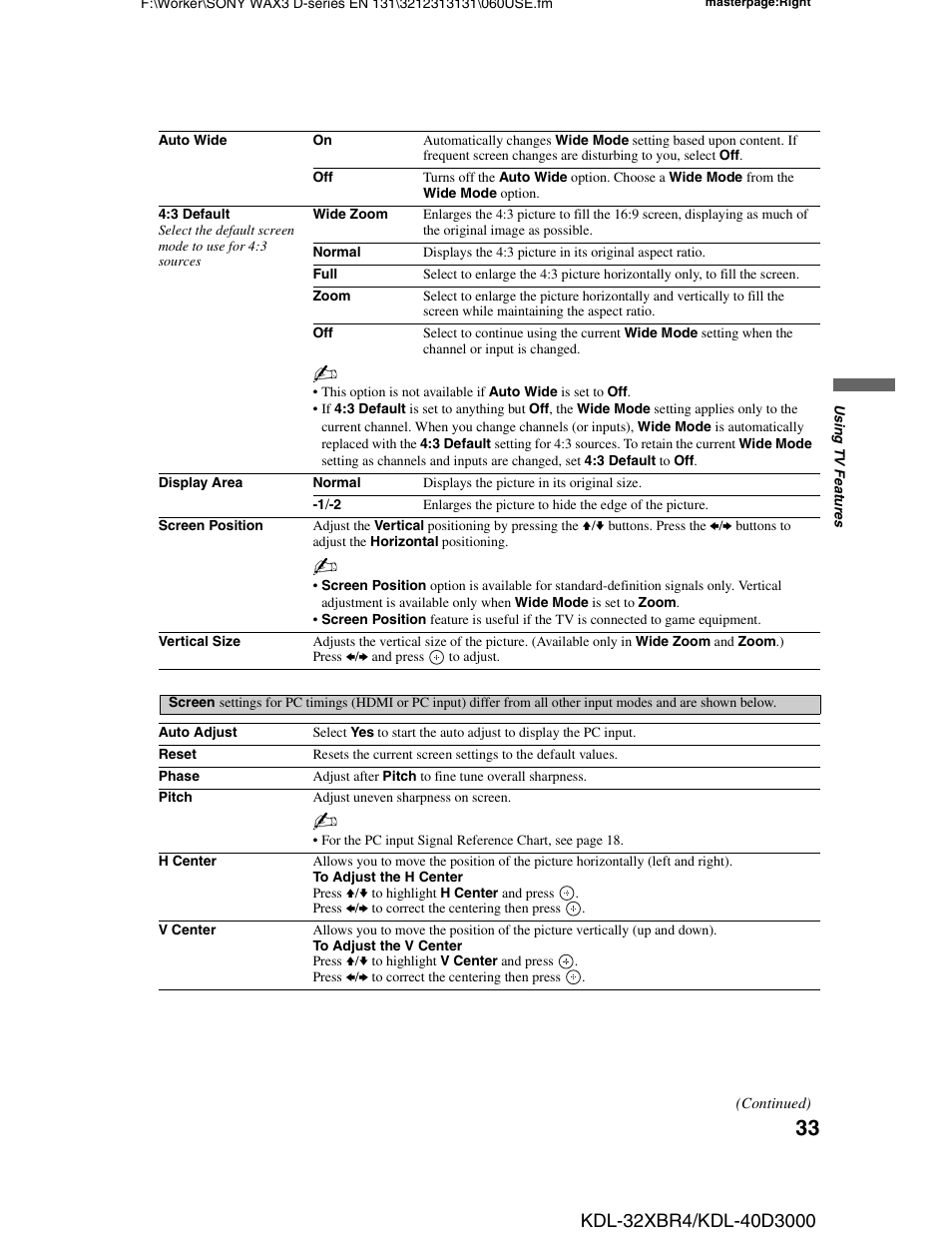 Sony KDL-32XBR4 User Manual | Page 33 / 48