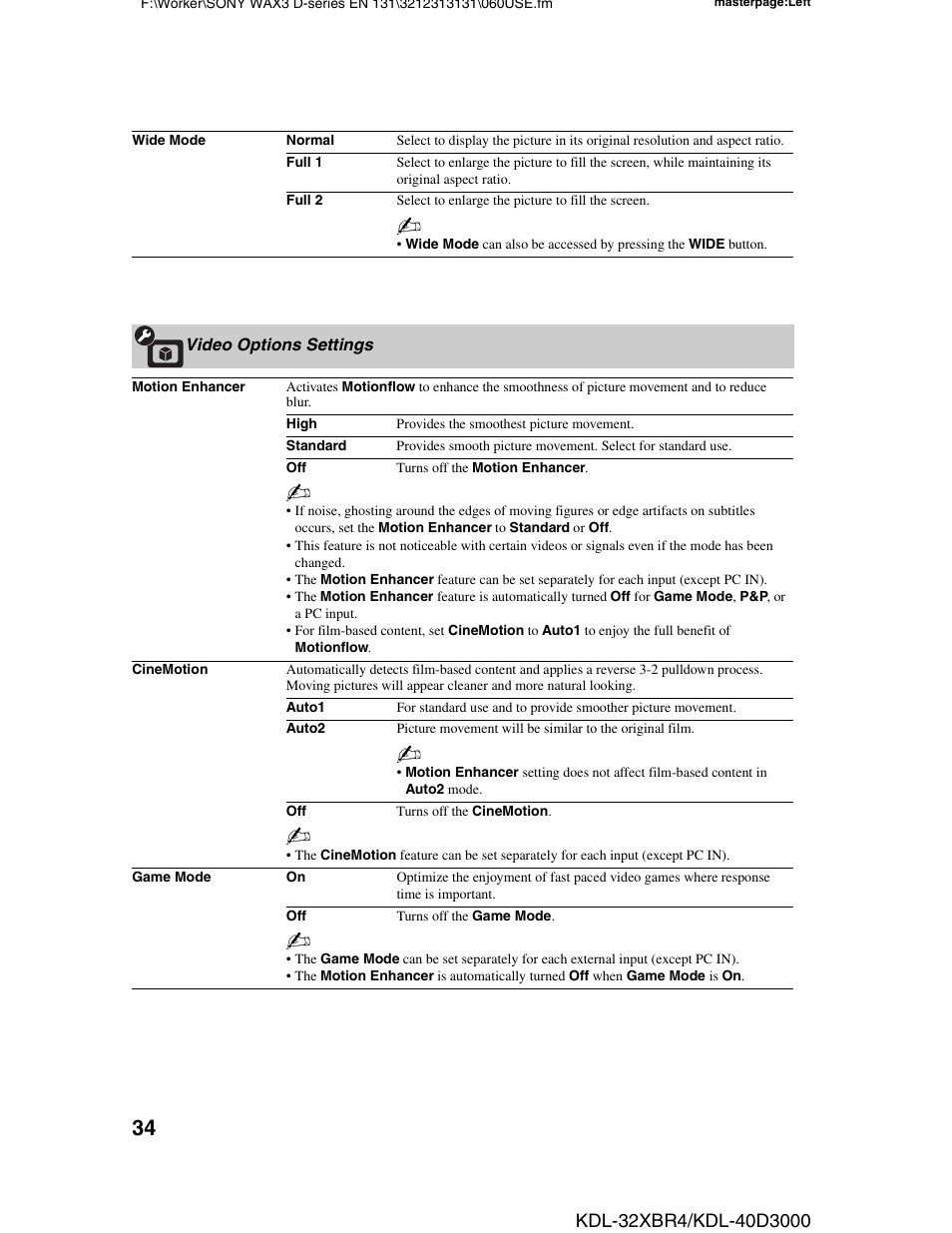 Video options settings, Nd 34 | Sony KDL-32XBR4 User Manual | Page 34 / 48