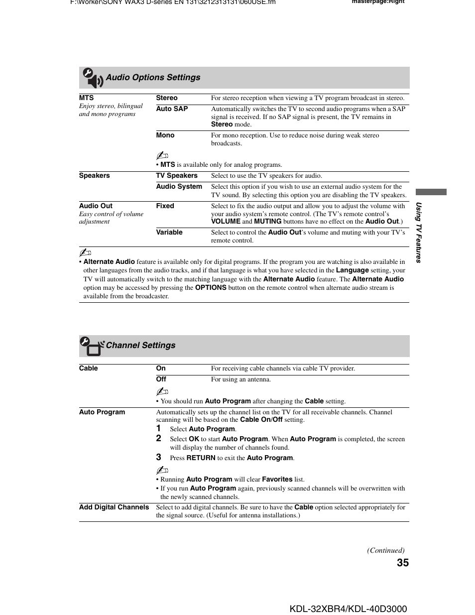 Audio options settings, Channel settings | Sony KDL-32XBR4 User Manual | Page 35 / 48