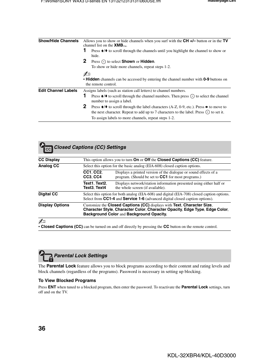 Closed captions (cc) settings, Parental lock settings | Sony KDL-32XBR4 User Manual | Page 36 / 48