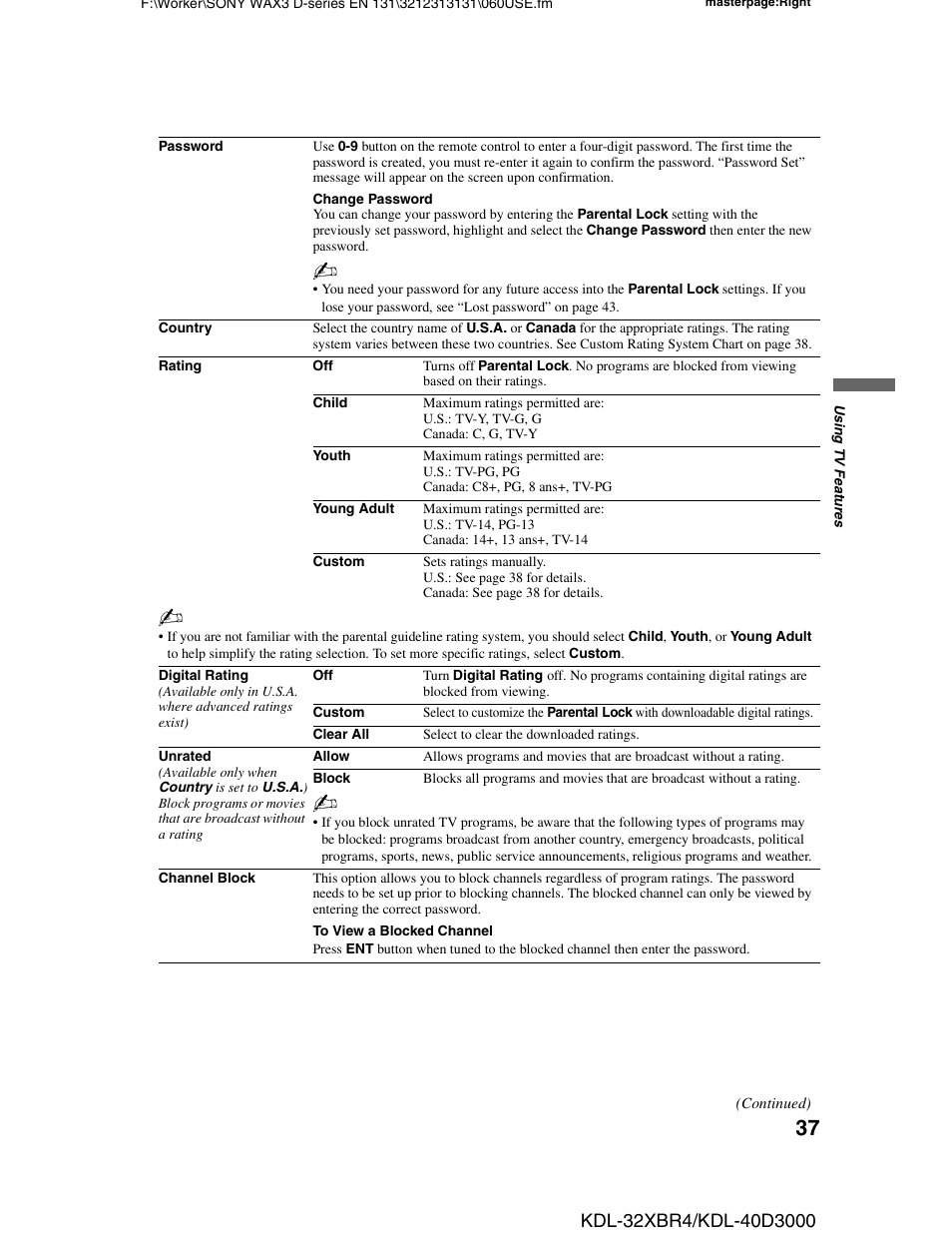 Sony KDL-32XBR4 User Manual | Page 37 / 48