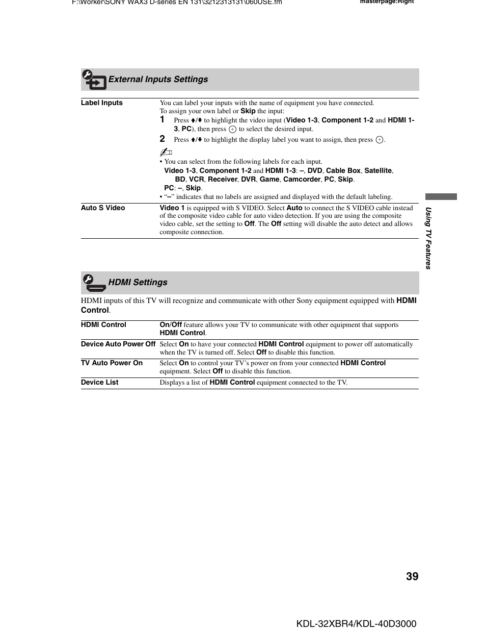 External inputs settings, Hdmi settings, External inputs settings hdmi settings | Sony KDL-32XBR4 User Manual | Page 39 / 48