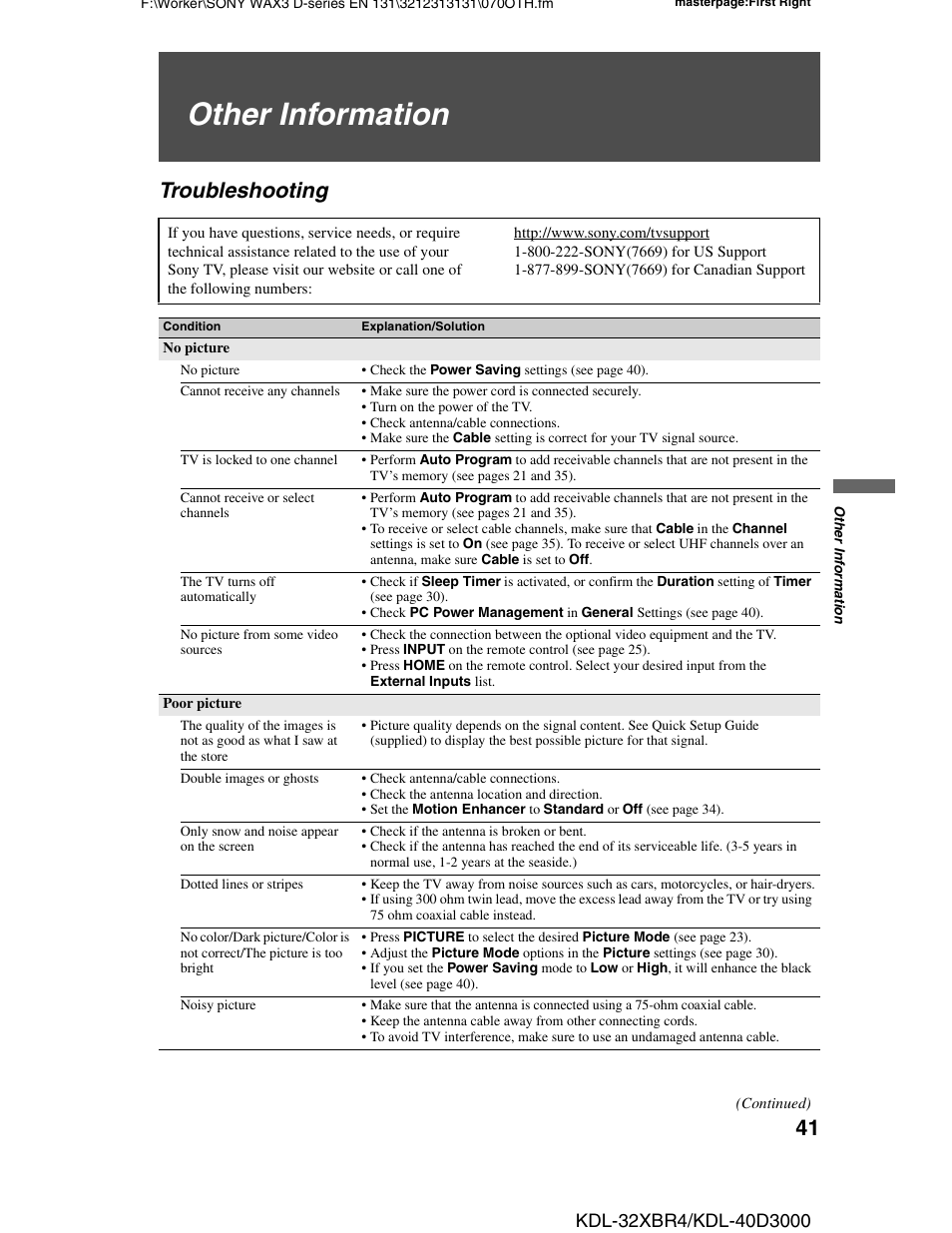 Other information, Troubleshooting | Sony KDL-32XBR4 User Manual | Page 41 / 48