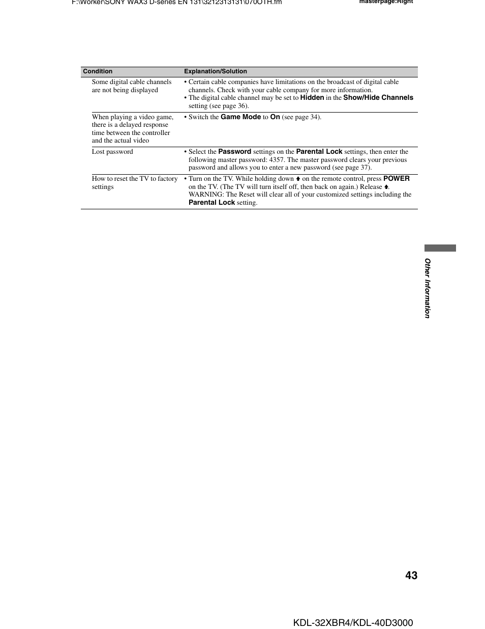 Sony KDL-32XBR4 User Manual | Page 43 / 48