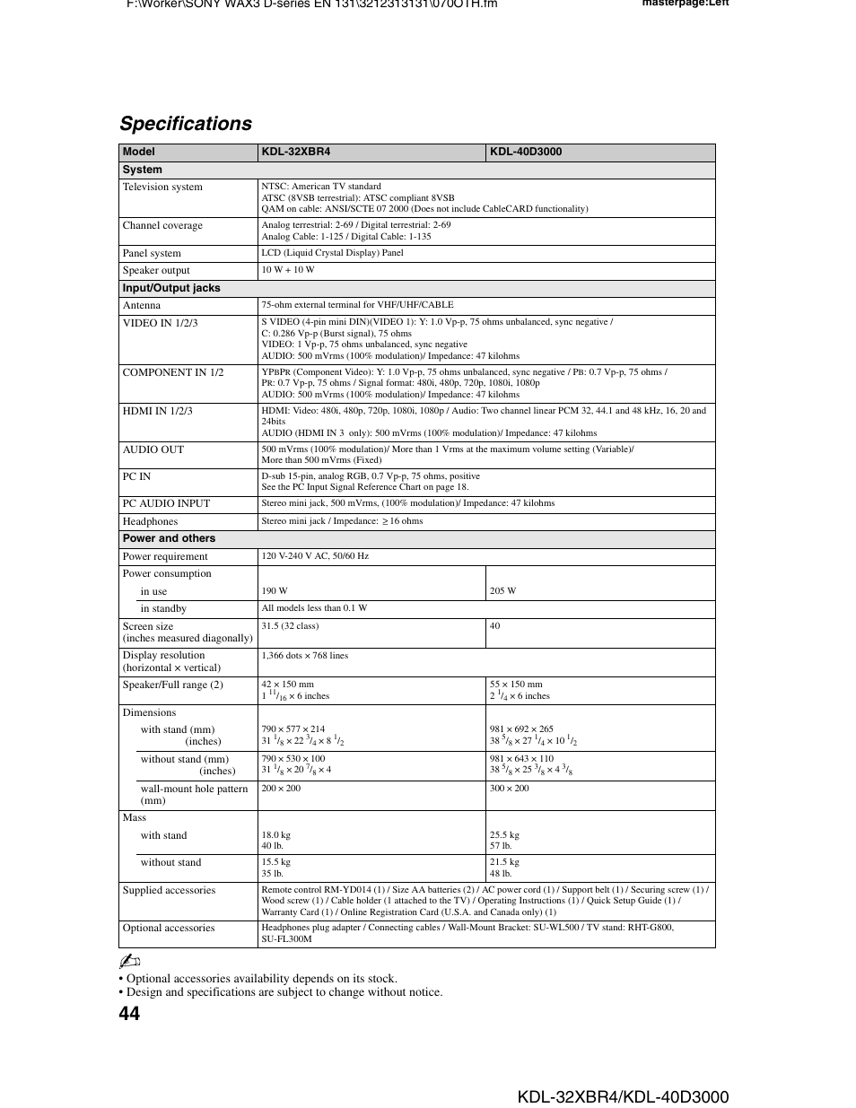 Specifications | Sony KDL-32XBR4 User Manual | Page 44 / 48