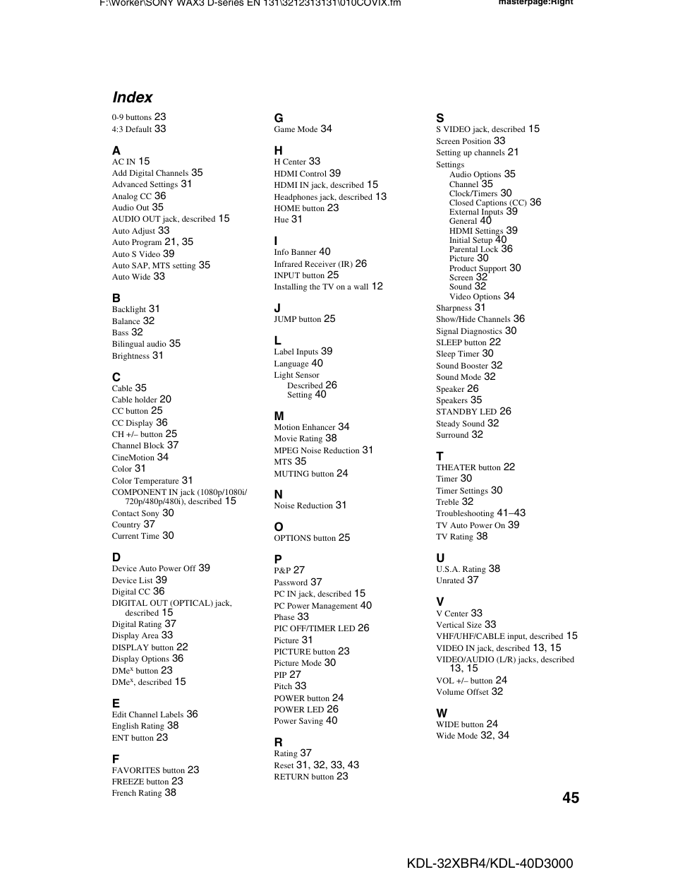 Index | Sony KDL-32XBR4 User Manual | Page 45 / 48