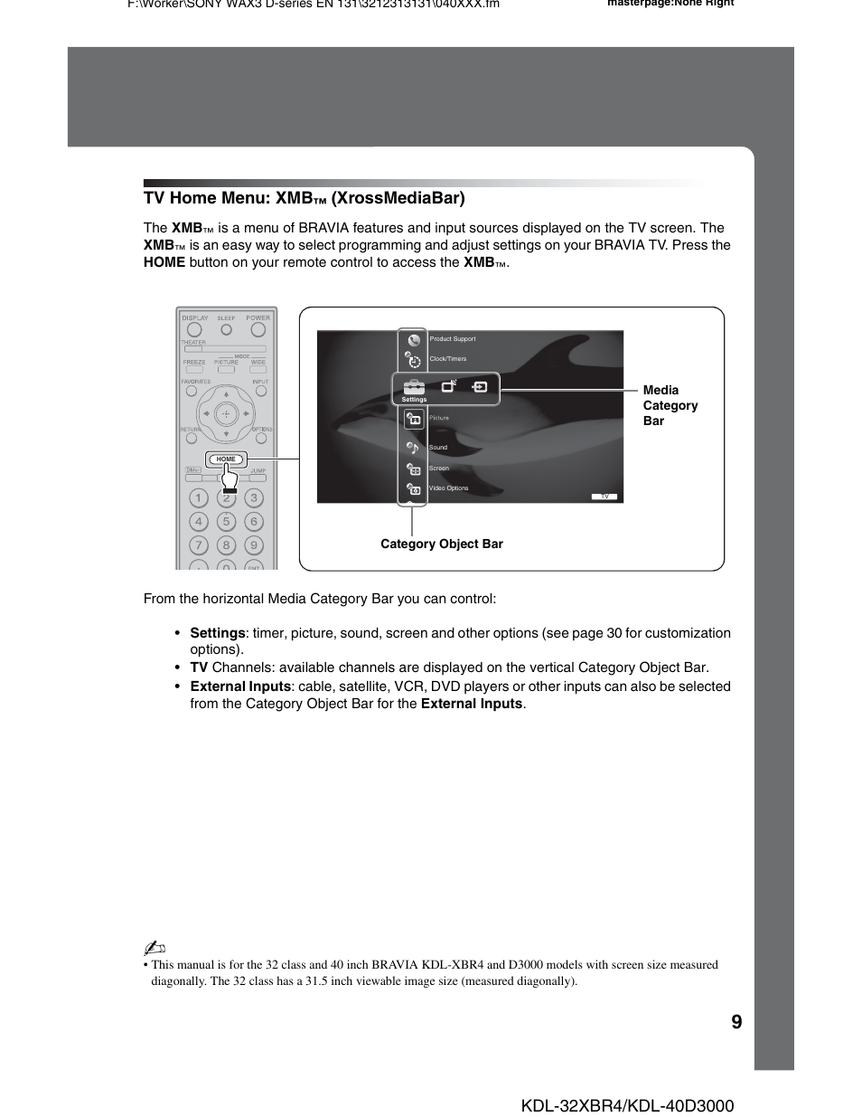 Tv home menu: xmb™ (xrossmediabar), Tv home menu: xmb, Xrossmediabar) | Sony KDL-32XBR4 User Manual | Page 9 / 48