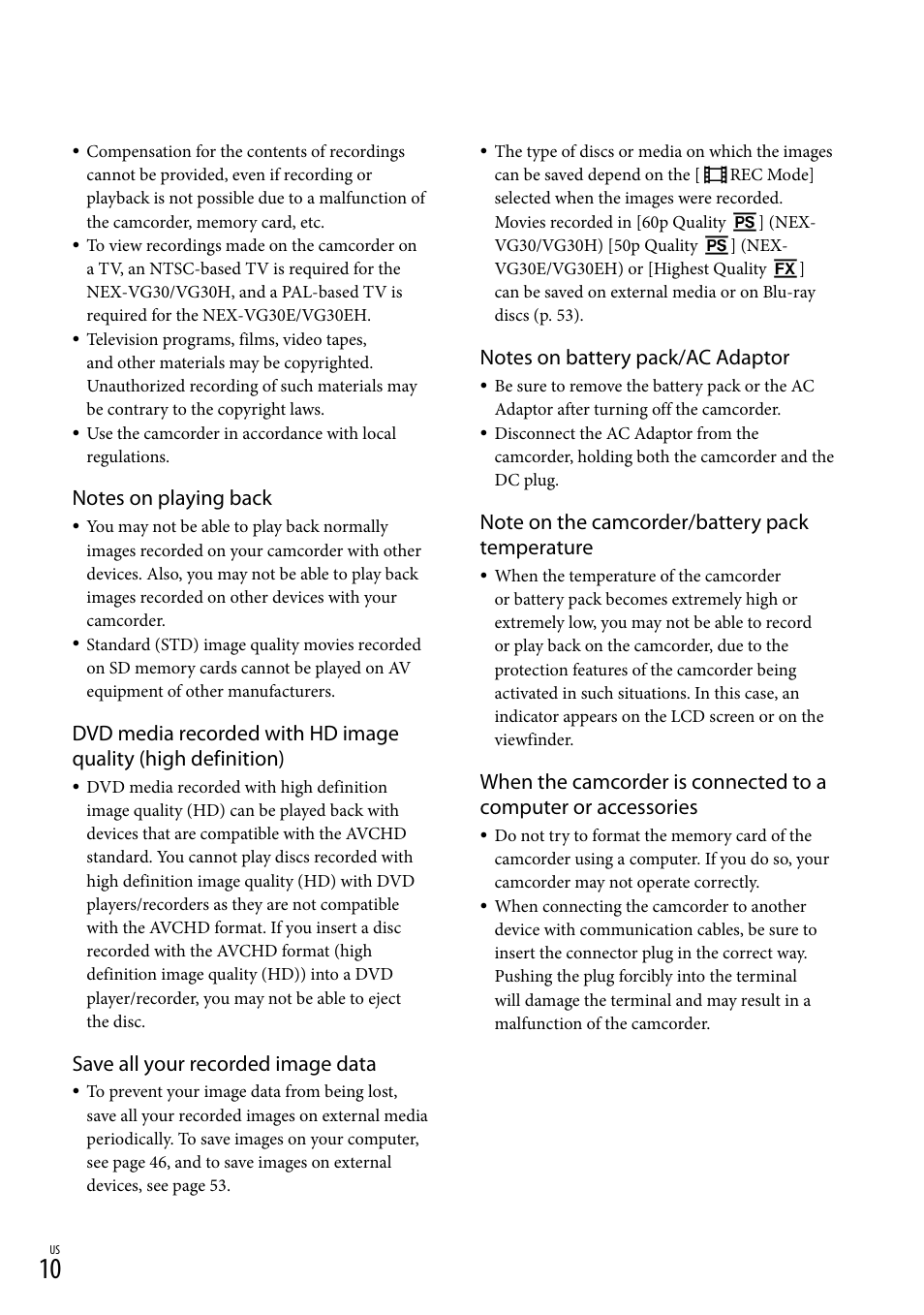 Save all your recorded image data | Sony NEX-VG30H User Manual | Page 10 / 155