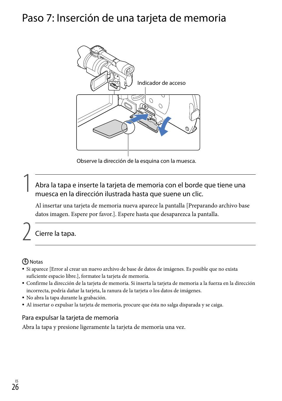 Paso 7: inserción de una tarjeta de memoria | Sony NEX-VG30H User Manual | Page 104 / 155