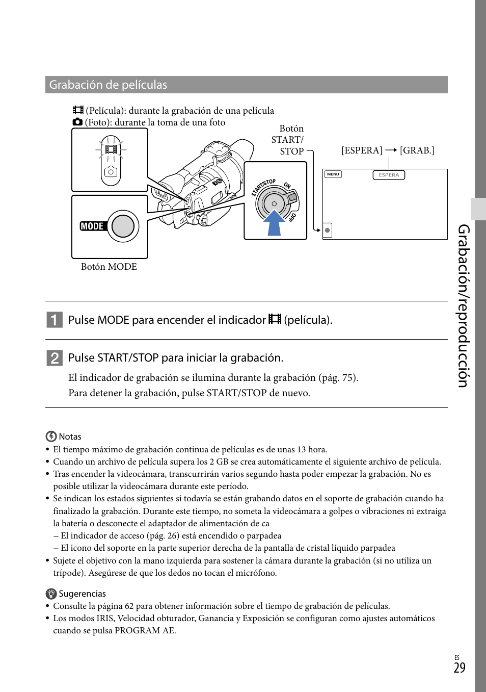 Gr abación/r epr oduc ción, Grabación de películas | Sony NEX-VG30H User Manual | Page 107 / 155