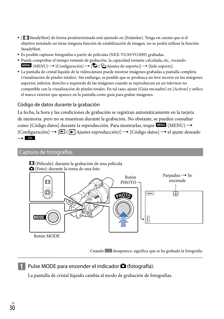 Captura de fotografías, Pulse mode para encender el indicador (fotografía) | Sony NEX-VG30H User Manual | Page 108 / 155