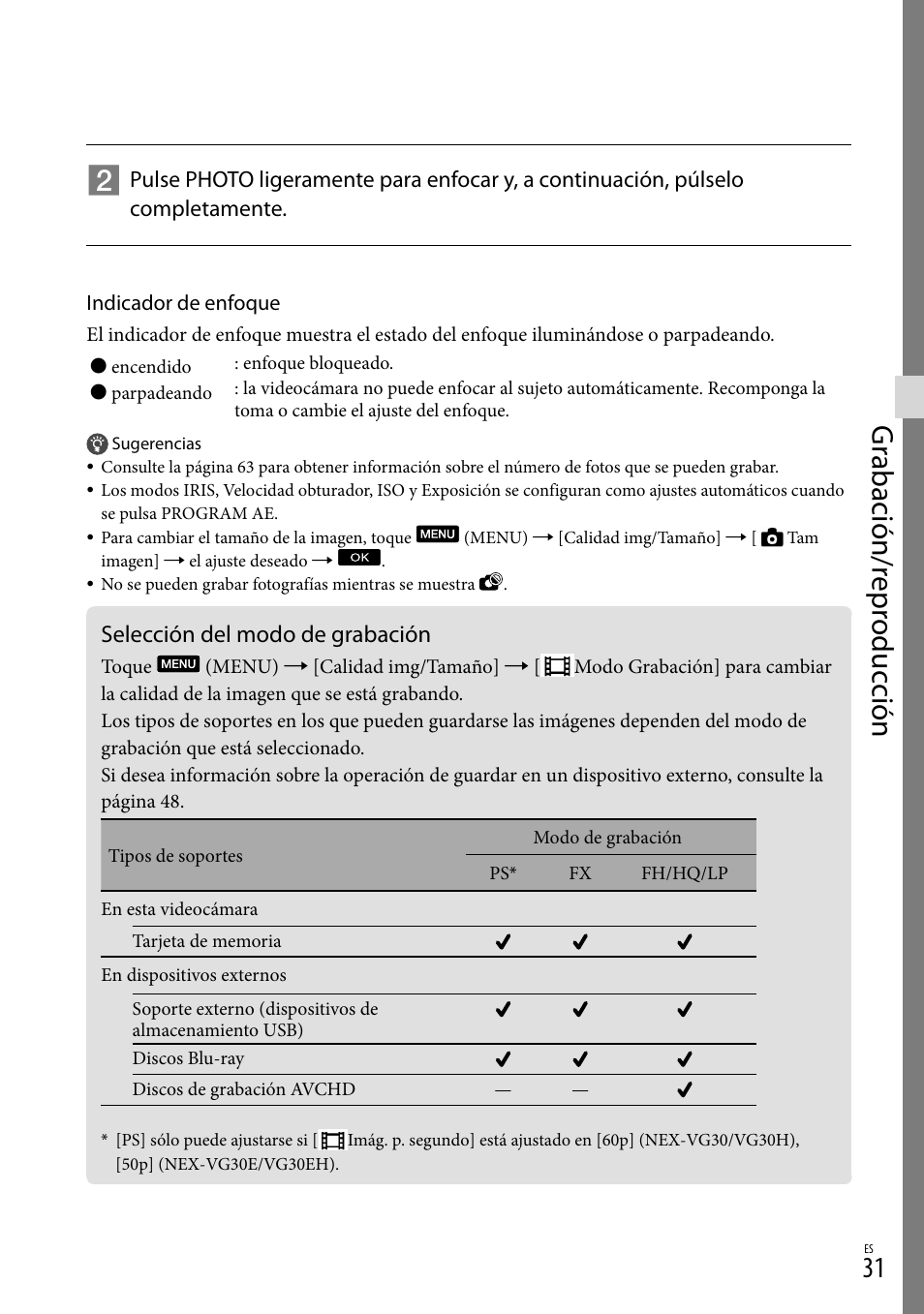 Selección del modo de grabación, Gr abación/r epr oduc ción | Sony NEX-VG30H User Manual | Page 109 / 155