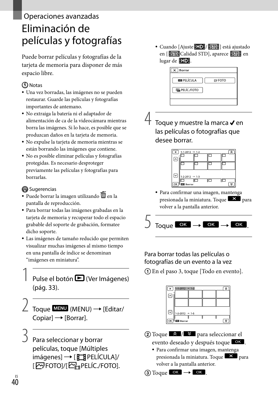 Operaciones avanzadas, Eliminación de películas y fotografías | Sony NEX-VG30H User Manual | Page 118 / 155