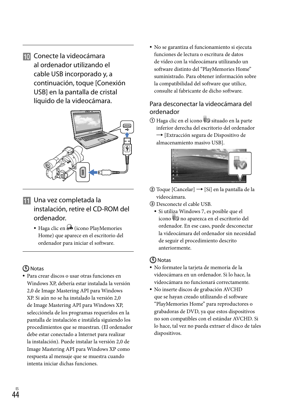 Para desconectar la videocámara del ordenador | Sony NEX-VG30H User Manual | Page 122 / 155