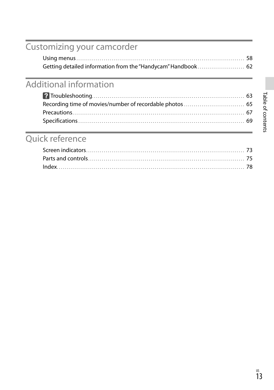 Customizing your camcorder, Additional information, Quick reference | Sony NEX-VG30H User Manual | Page 13 / 155