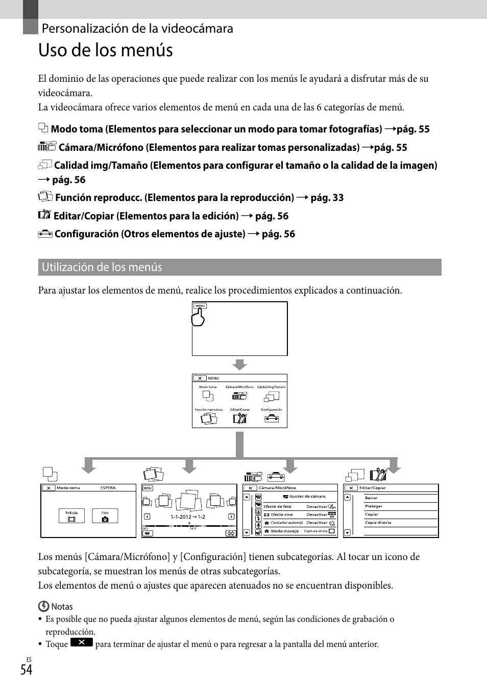 Personalización de la videocámara, Uso de los menús | Sony NEX-VG30H User Manual | Page 132 / 155