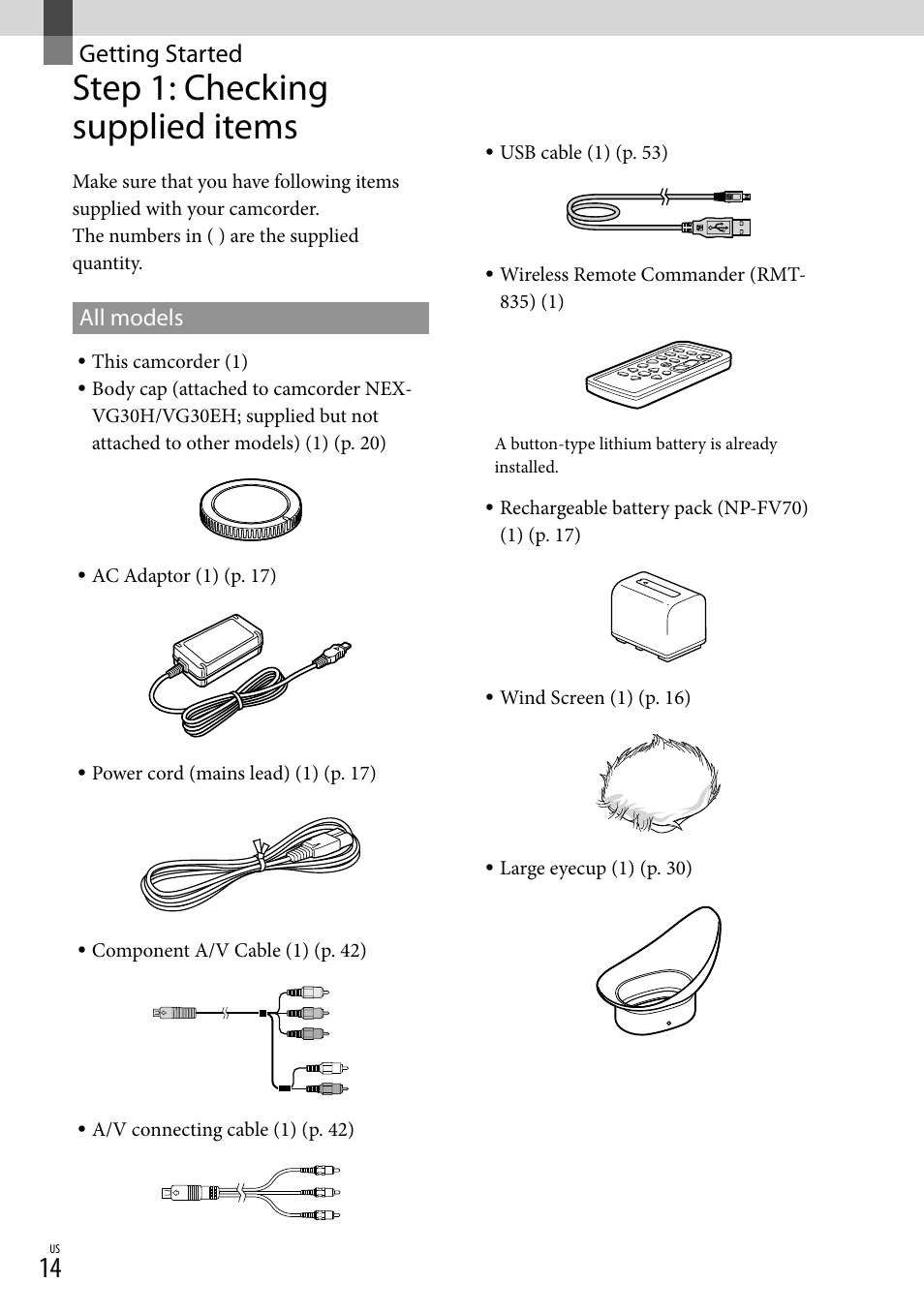 Getting started, Step 1: checking supplied items, All models | Sony NEX-VG30H User Manual | Page 14 / 155