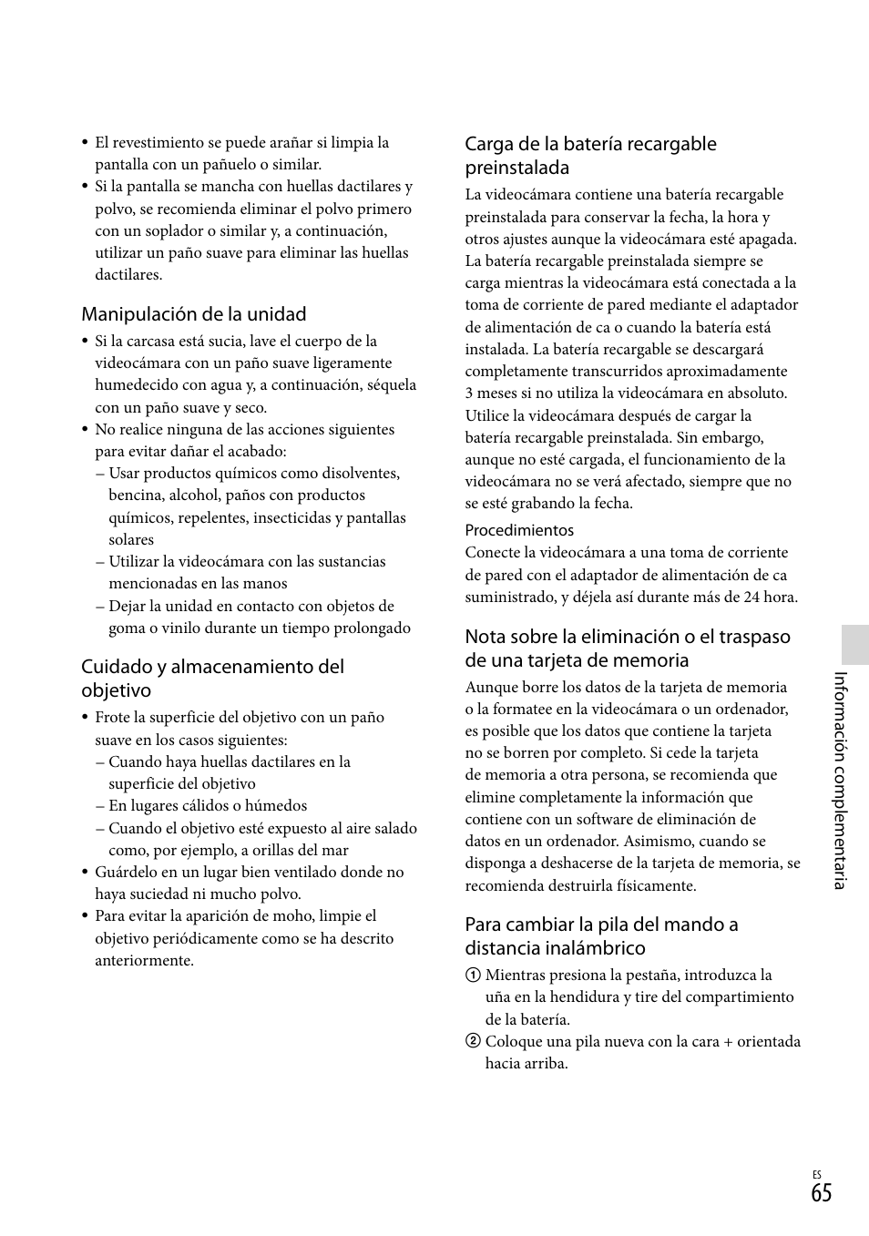 Manipulación de la unidad, Cuidado y almacenamiento del objetivo, Carga de la batería recargable preinstalada | Sony NEX-VG30H User Manual | Page 143 / 155