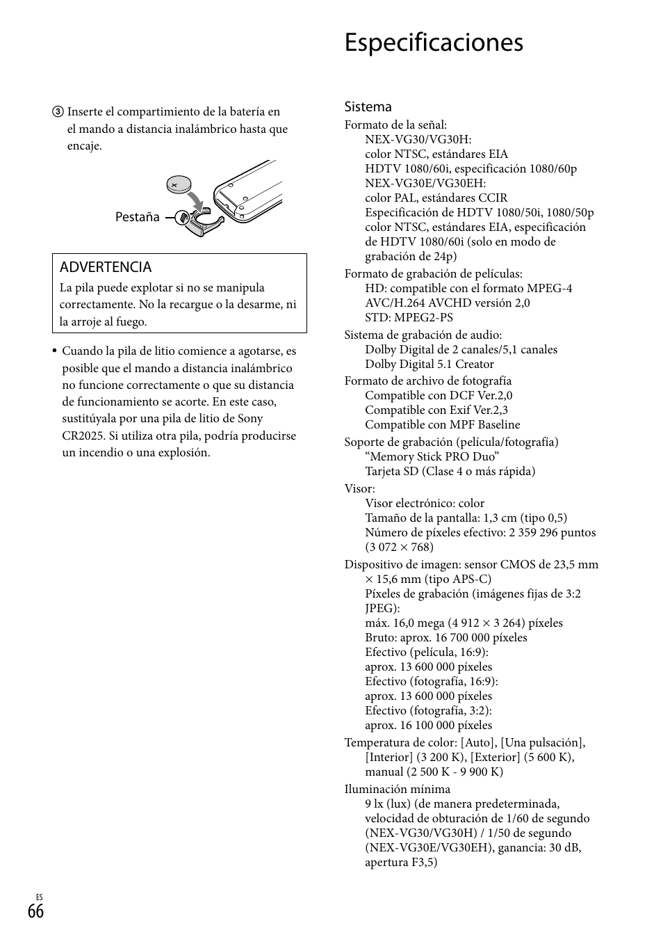 Especificaciones, Advertencia | Sony NEX-VG30H User Manual | Page 144 / 155