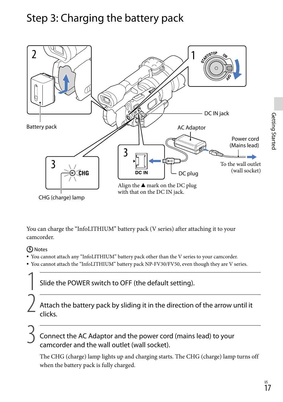 Step 3: charging the battery pack | Sony NEX-VG30H User Manual | Page 17 / 155