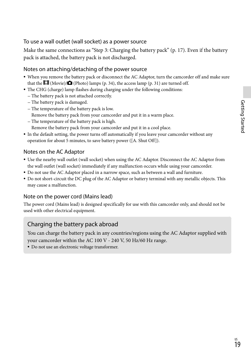 Charging the battery pack abroad | Sony NEX-VG30H User Manual | Page 19 / 155