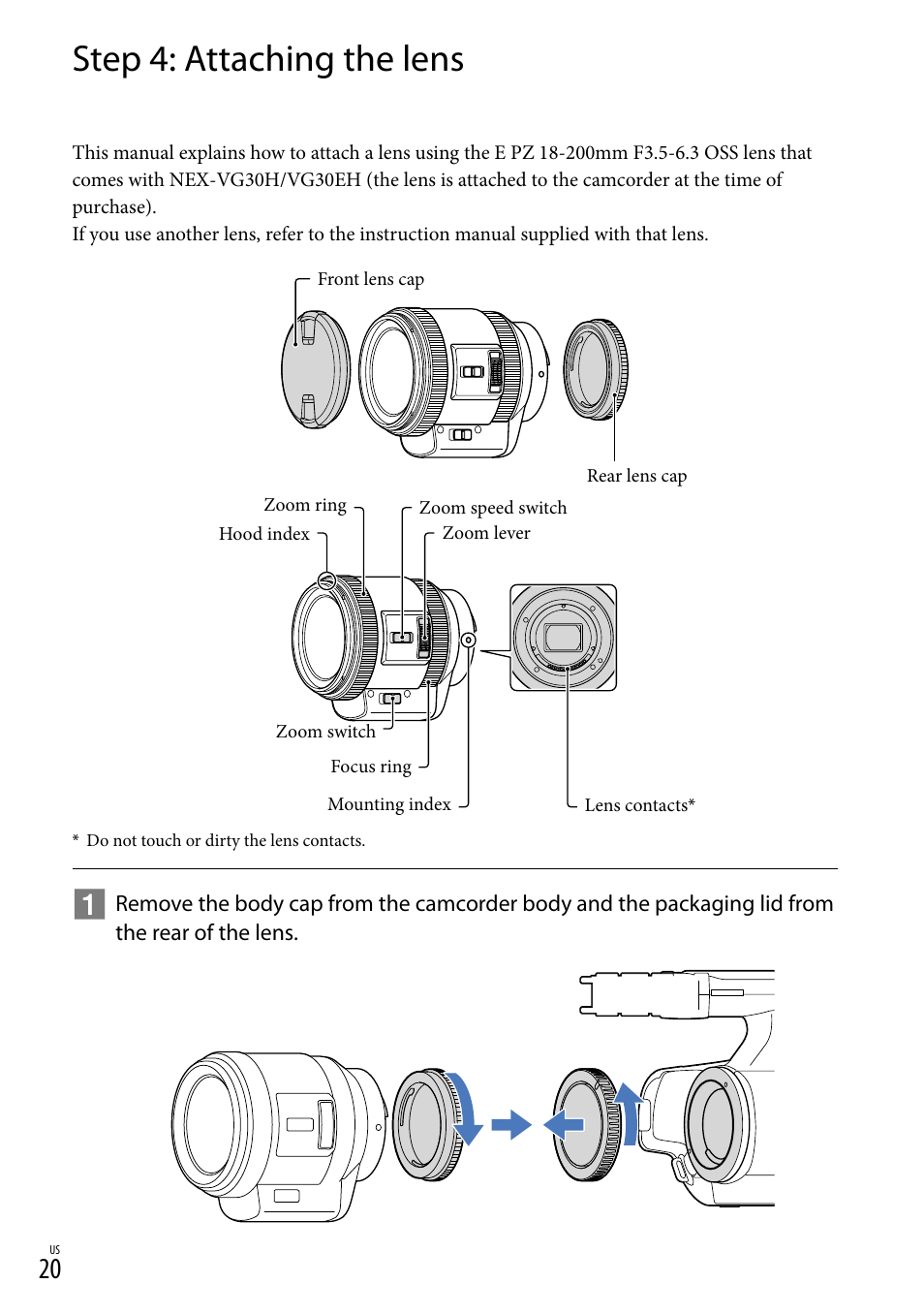 Step 4: attaching the lens | Sony NEX-VG30H User Manual | Page 20 / 155