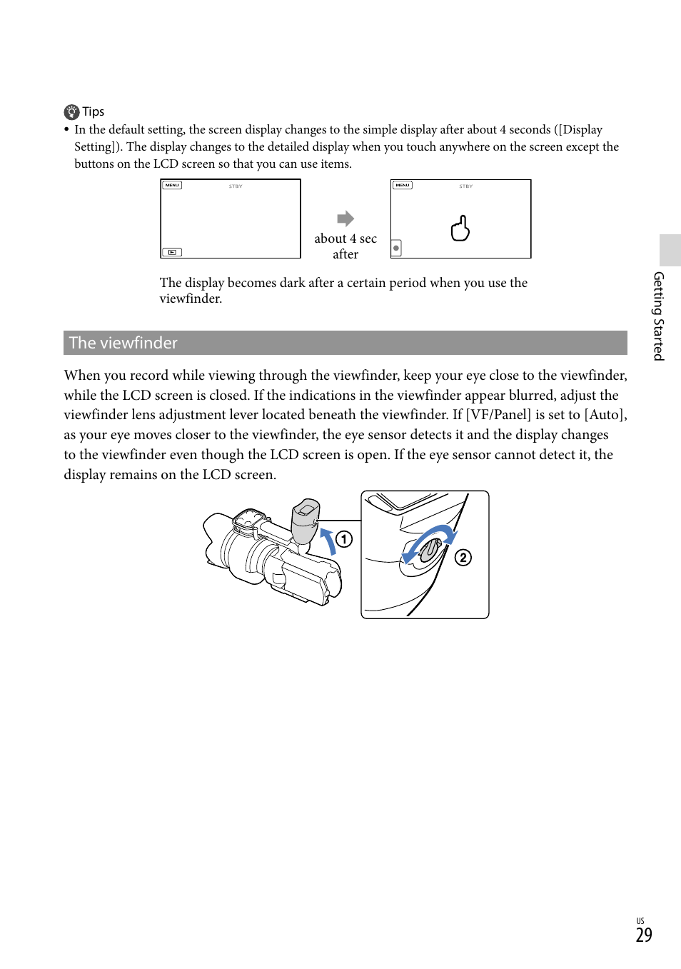 The viewfinder | Sony NEX-VG30H User Manual | Page 29 / 155