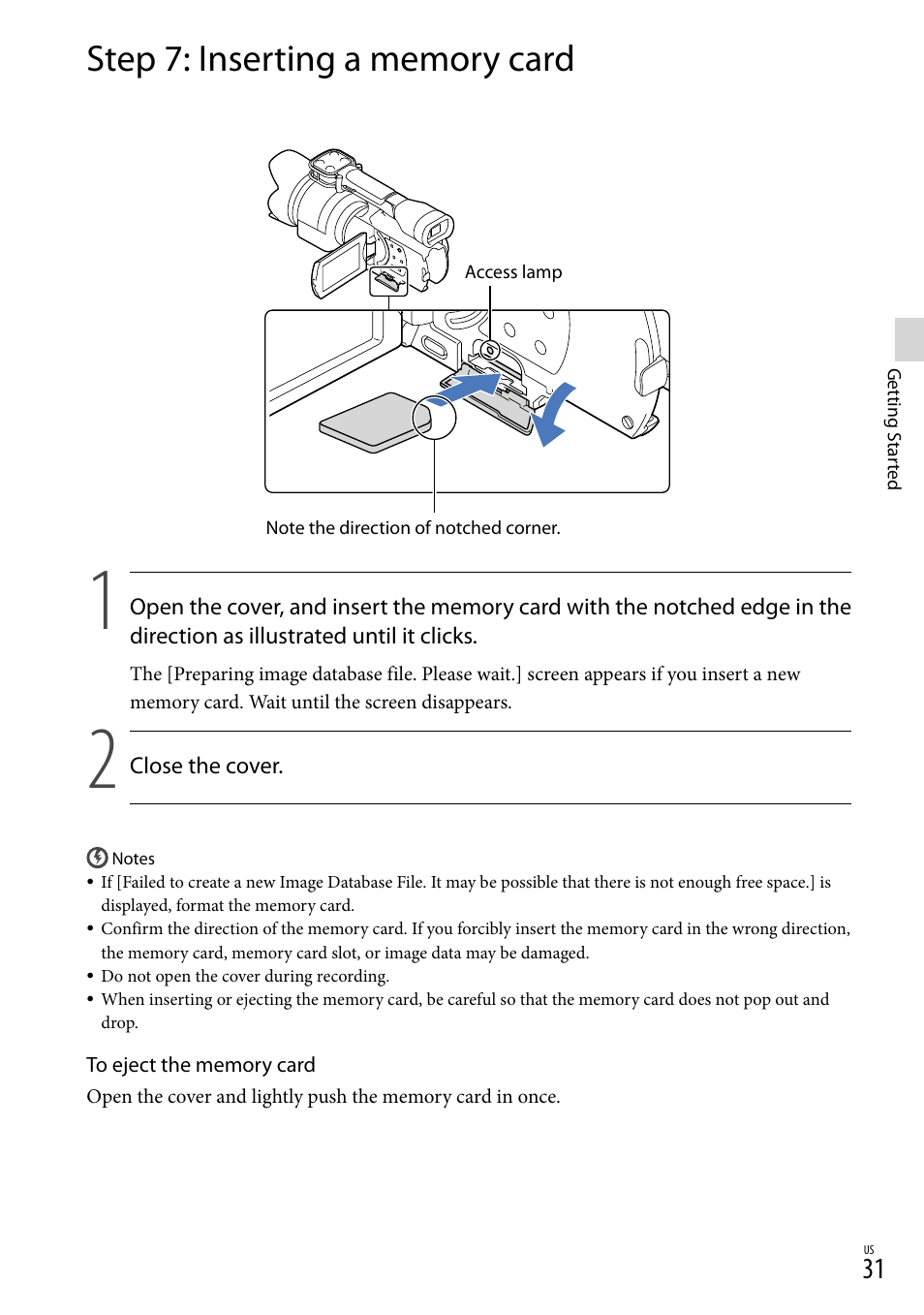 Step 7: inserting a memory card, 31) a | Sony NEX-VG30H User Manual | Page 31 / 155