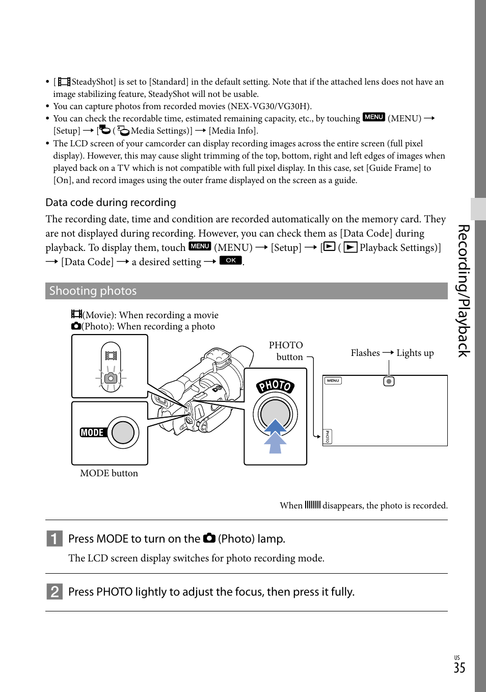 Rec or ding/p la yback | Sony NEX-VG30H User Manual | Page 35 / 155