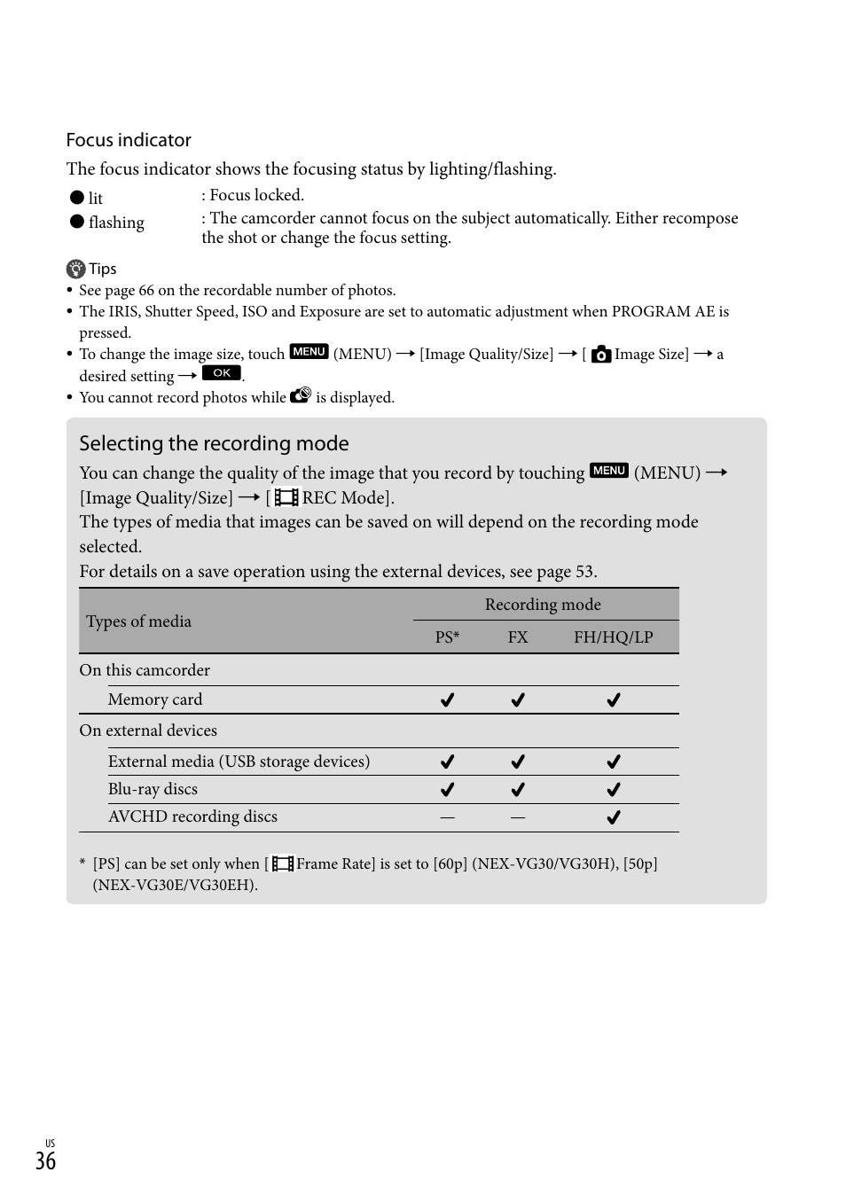 Selecting the recording mode | Sony NEX-VG30H User Manual | Page 36 / 155