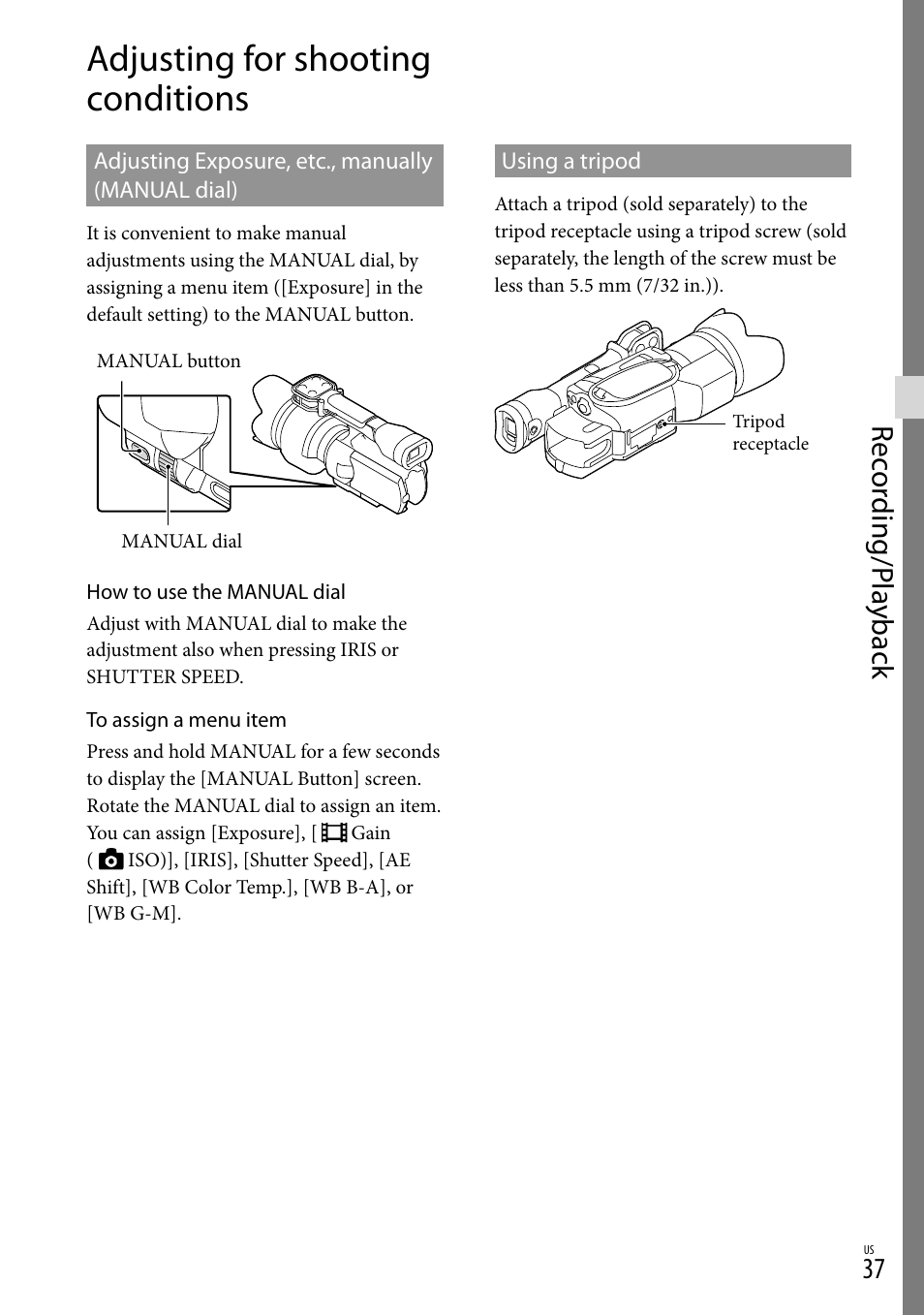 Adjusting for shooting conditions, Rec or ding/p la yback | Sony NEX-VG30H User Manual | Page 37 / 155