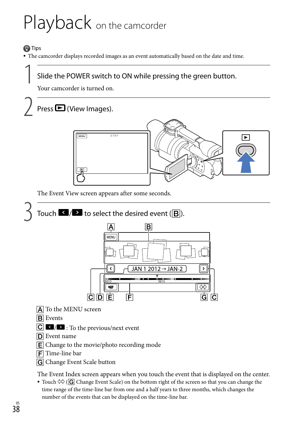 Playback on the camcorder, Playback, On.the.camcorder | Sony NEX-VG30H User Manual | Page 38 / 155