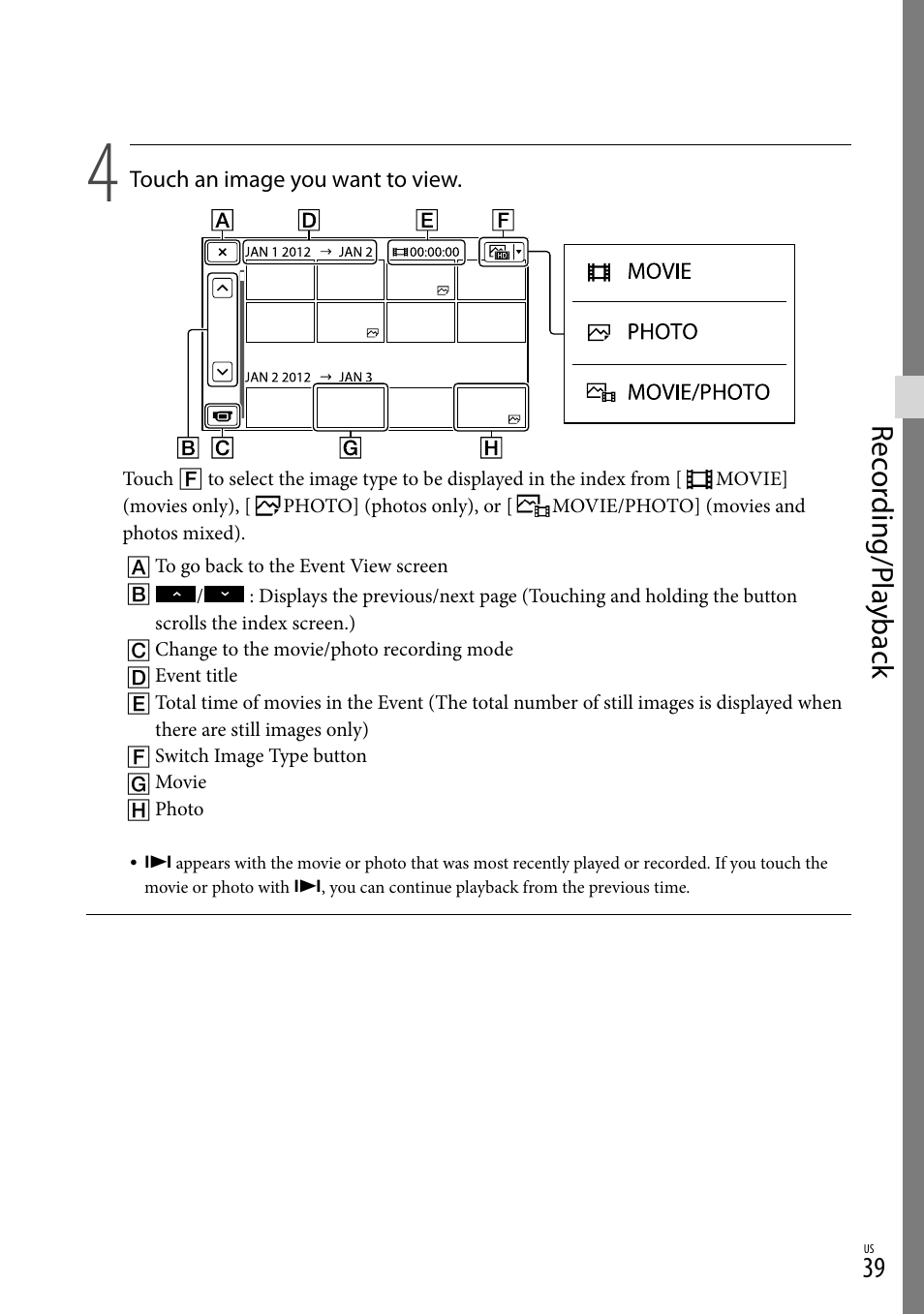 Rec or ding/p la yback | Sony NEX-VG30H User Manual | Page 39 / 155