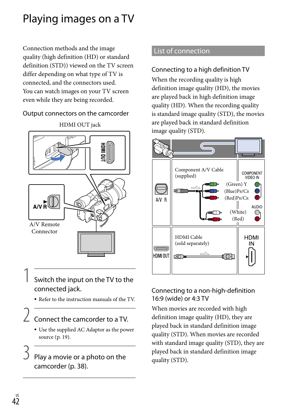 Playing images on a tv | Sony NEX-VG30H User Manual | Page 42 / 155