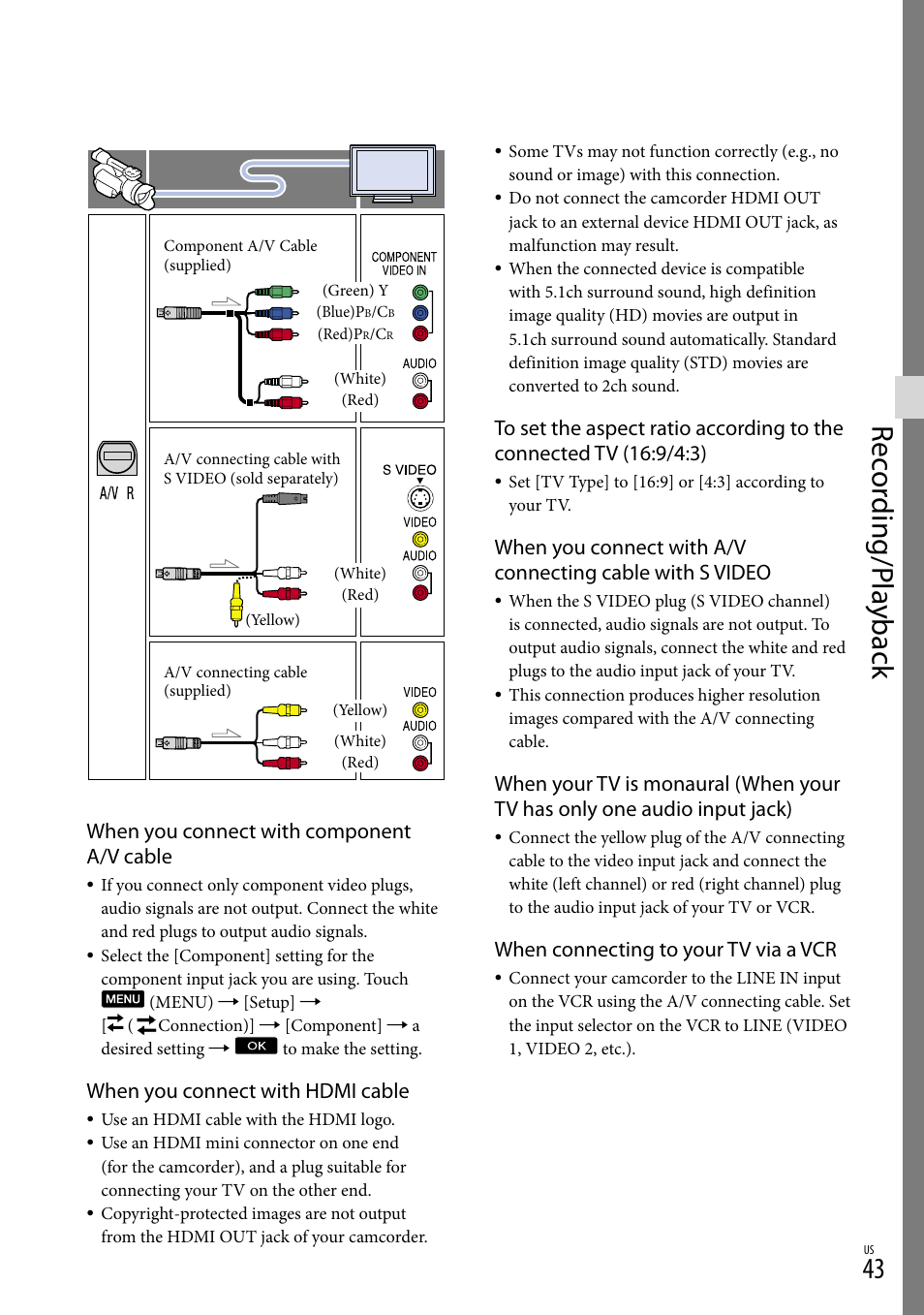 Rec or ding/p la yback, When you connect with component a/v cable, When you connect with hdmi cable | When connecting to your tv via a vcr | Sony NEX-VG30H User Manual | Page 43 / 155