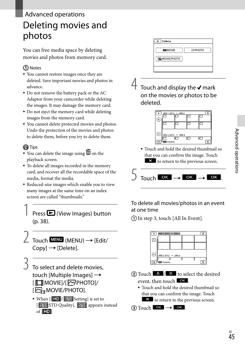 Advanced operations, Deleting movies and photos | Sony NEX-VG30H User Manual | Page 45 / 155