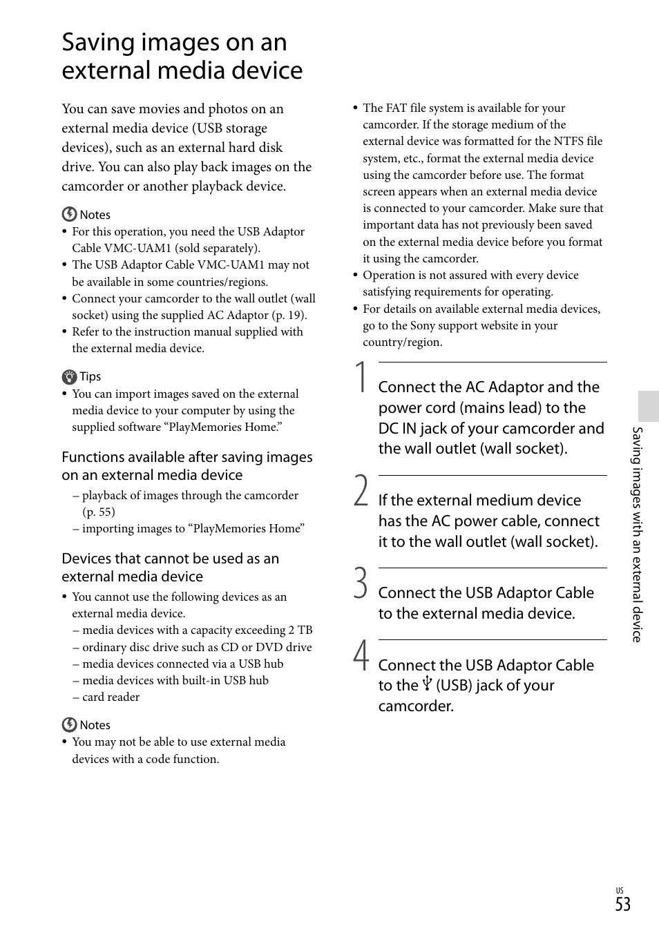 Saving images on an external media device | Sony NEX-VG30H User Manual | Page 53 / 155