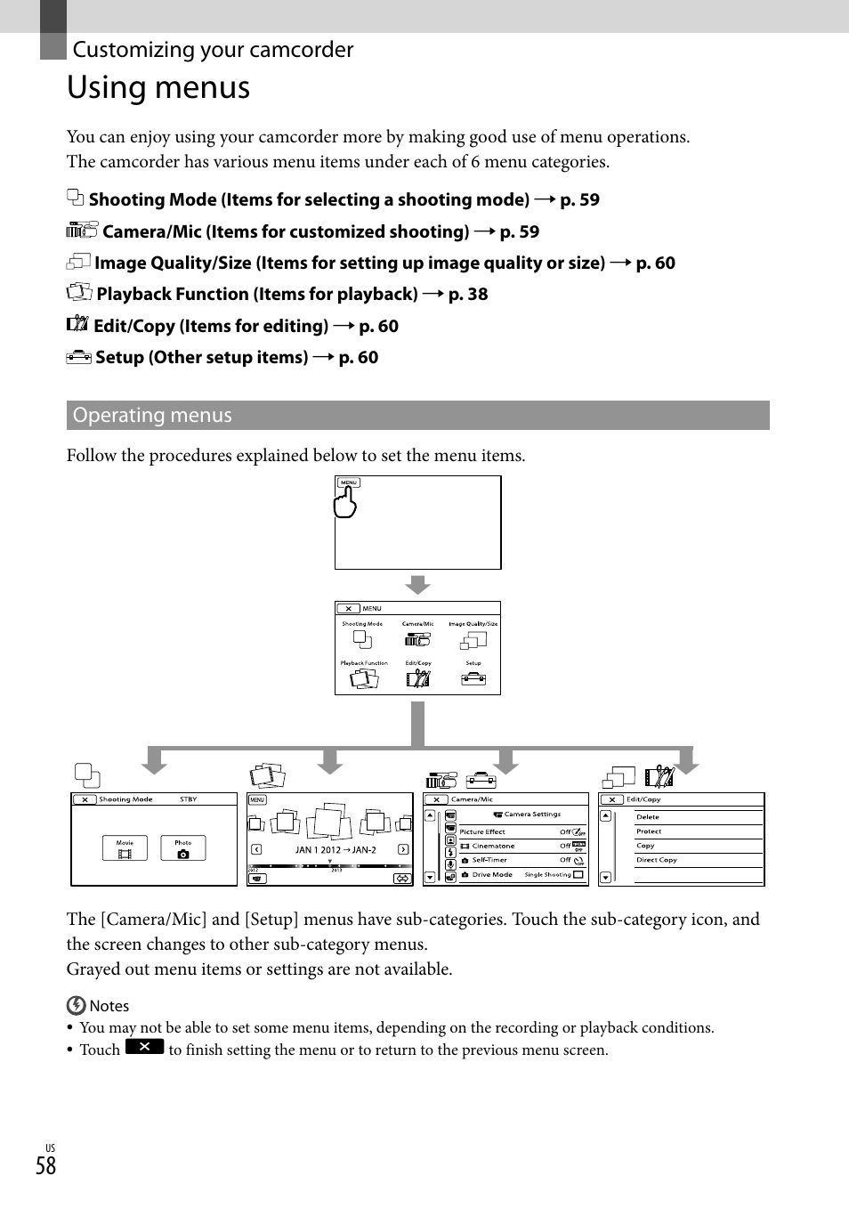 Customizing your camcorder, Using menus | Sony NEX-VG30H User Manual | Page 58 / 155