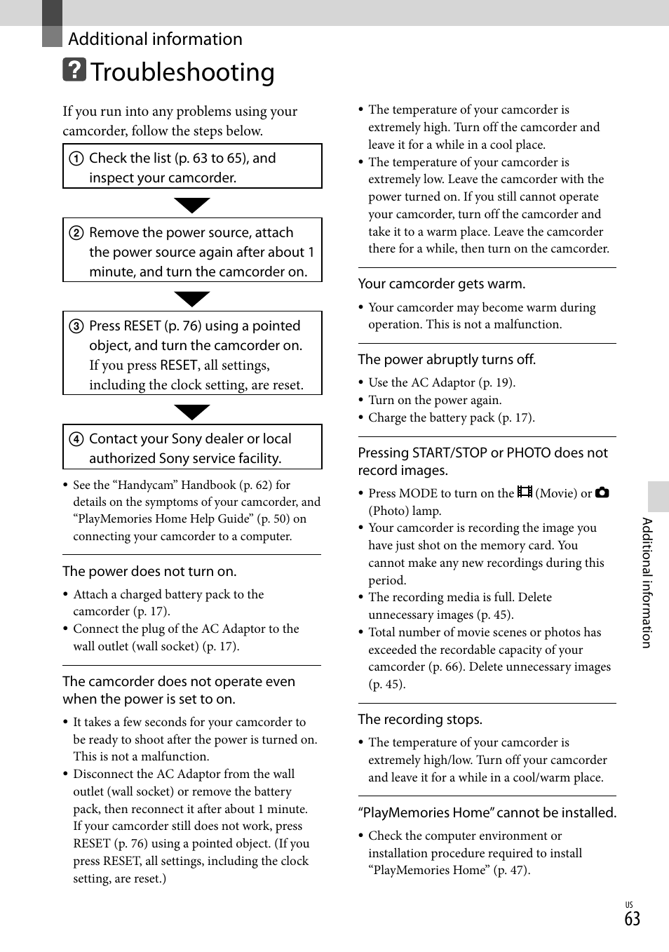 Additional information, Troubleshooting | Sony NEX-VG30H User Manual | Page 63 / 155