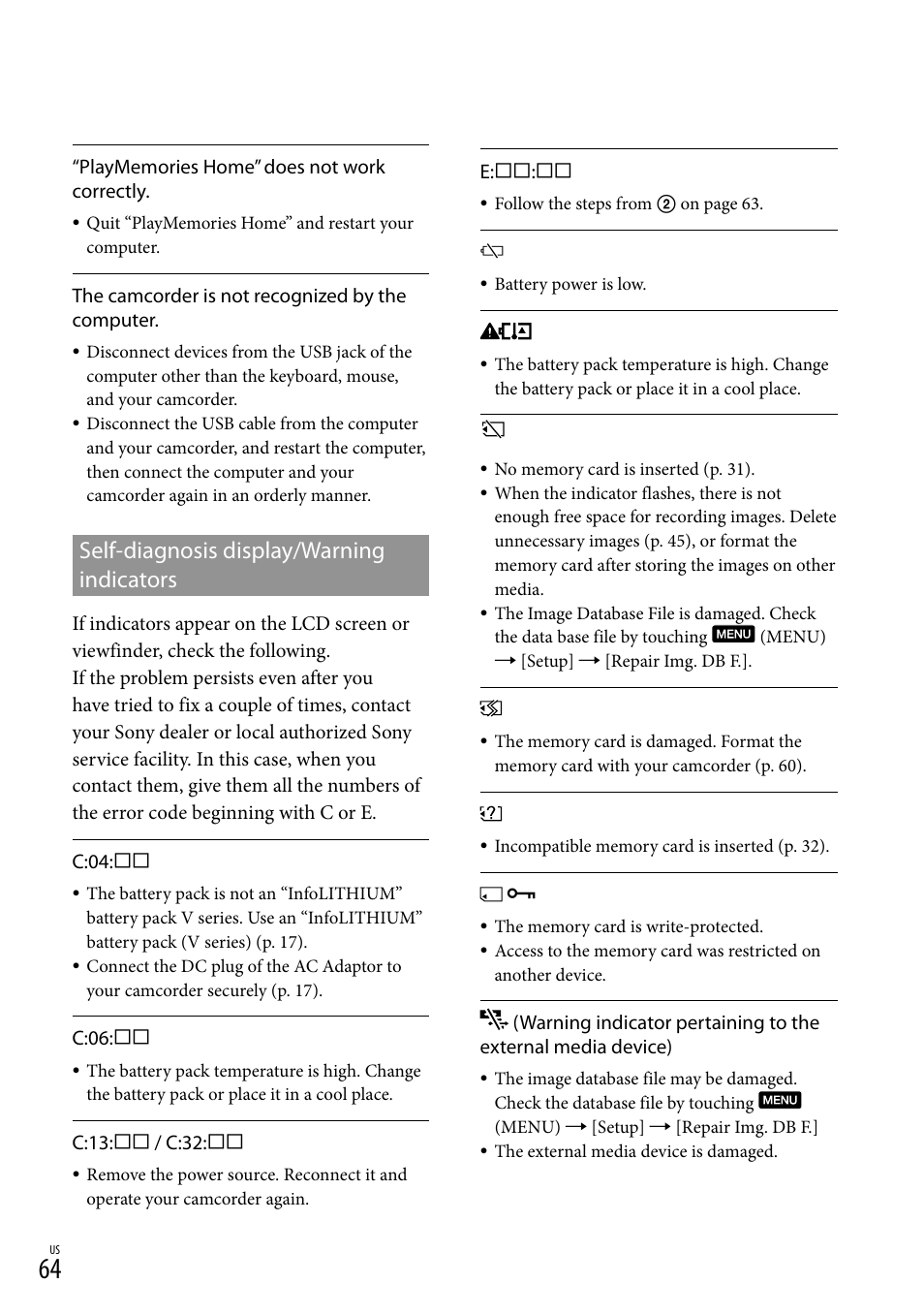 Self-diagnosis display/warning indicators | Sony NEX-VG30H User Manual | Page 64 / 155