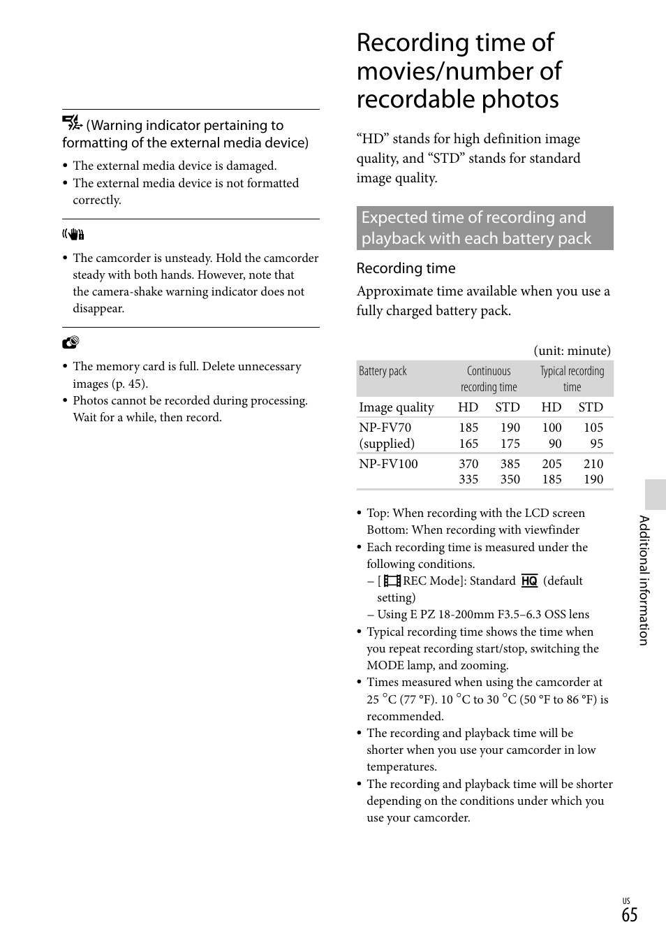 O 65), and | Sony NEX-VG30H User Manual | Page 65 / 155