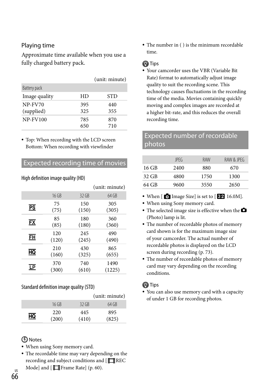 66). d, Expected recording time of movies, Expected number of recordable photos | Playing time | Sony NEX-VG30H User Manual | Page 66 / 155