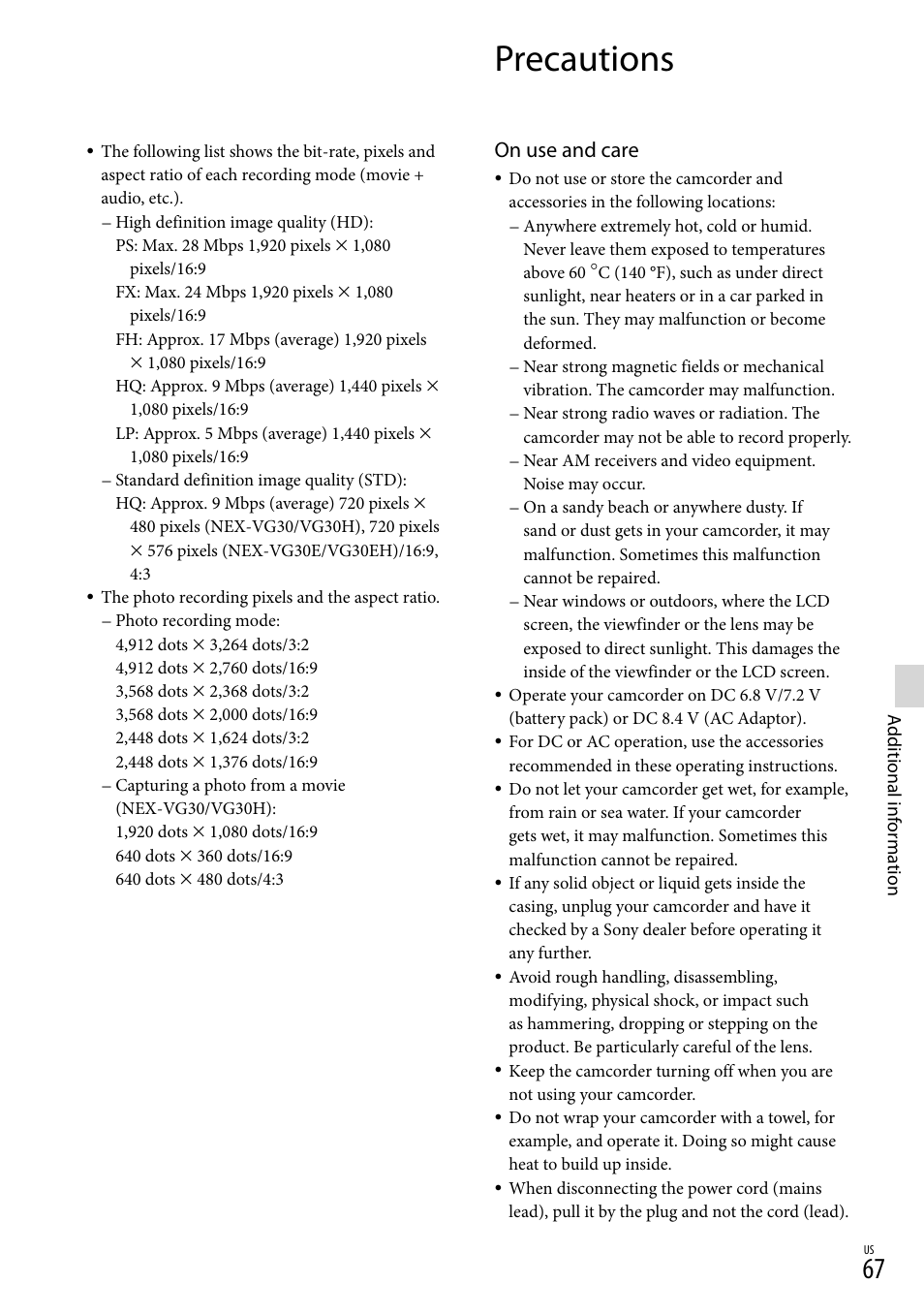 Precautions, On use and care | Sony NEX-VG30H User Manual | Page 67 / 155