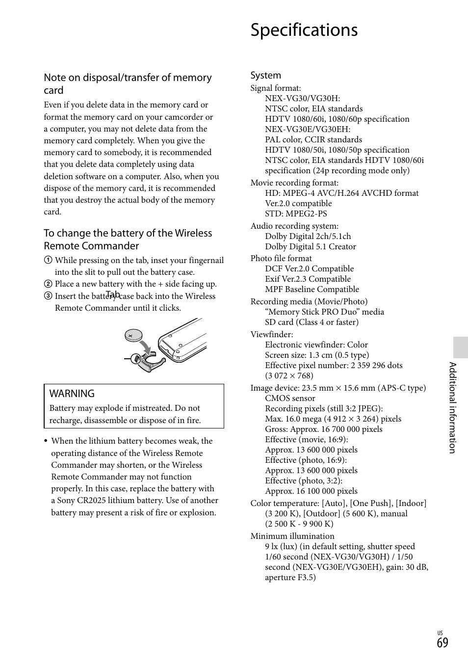 Specifications, Warning | Sony NEX-VG30H User Manual | Page 69 / 155