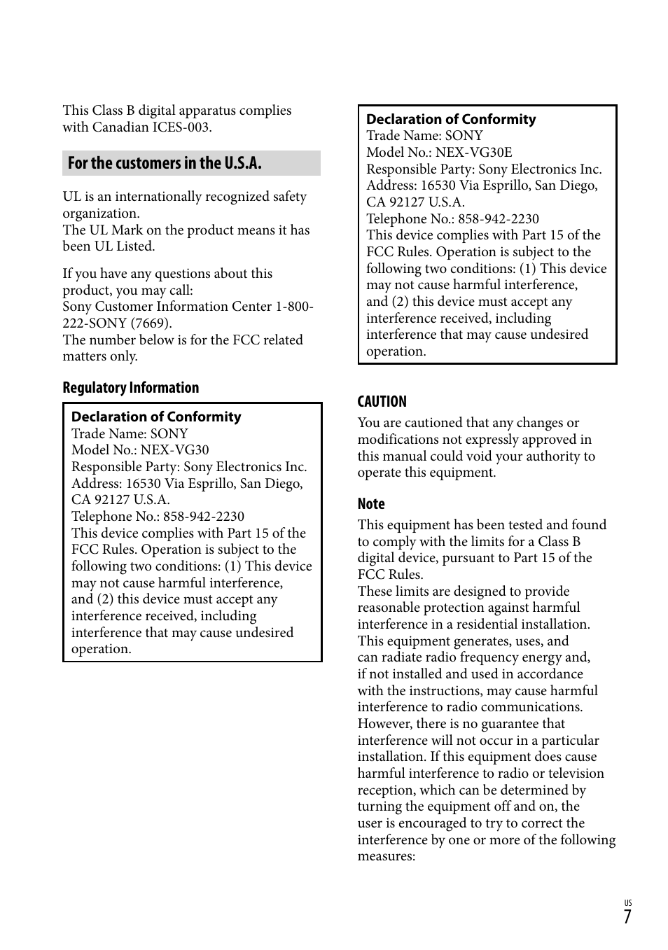 For the customers in the u.s.a | Sony NEX-VG30H User Manual | Page 7 / 155