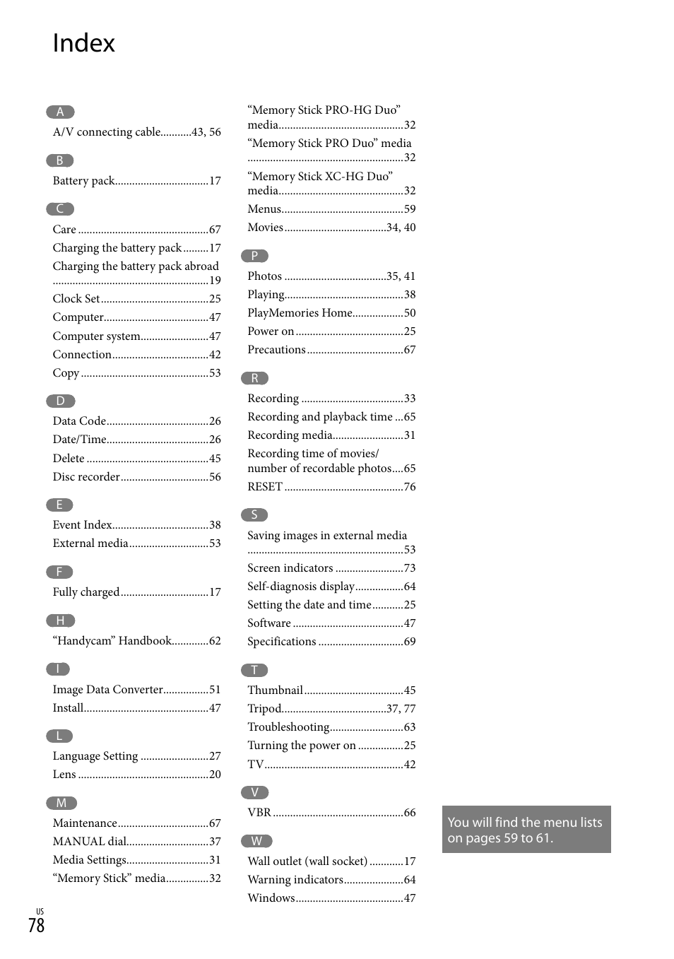 Index | Sony NEX-VG30H User Manual | Page 78 / 155