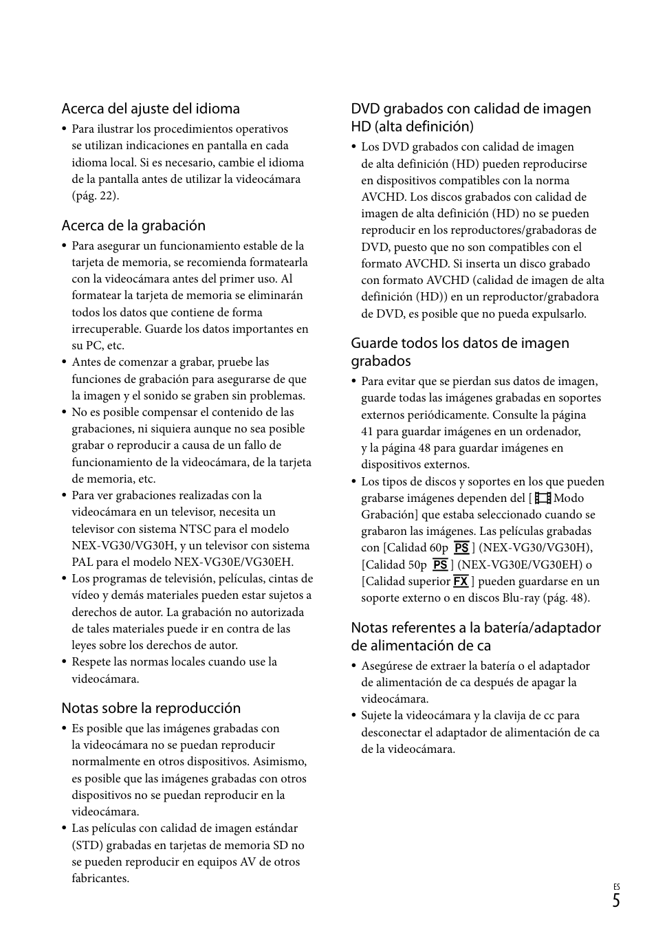 Acerca del ajuste del idioma, Acerca de la grabación, Notas sobre la reproducción | Guarde todos los datos de imagen grabados | Sony NEX-VG30H User Manual | Page 83 / 155