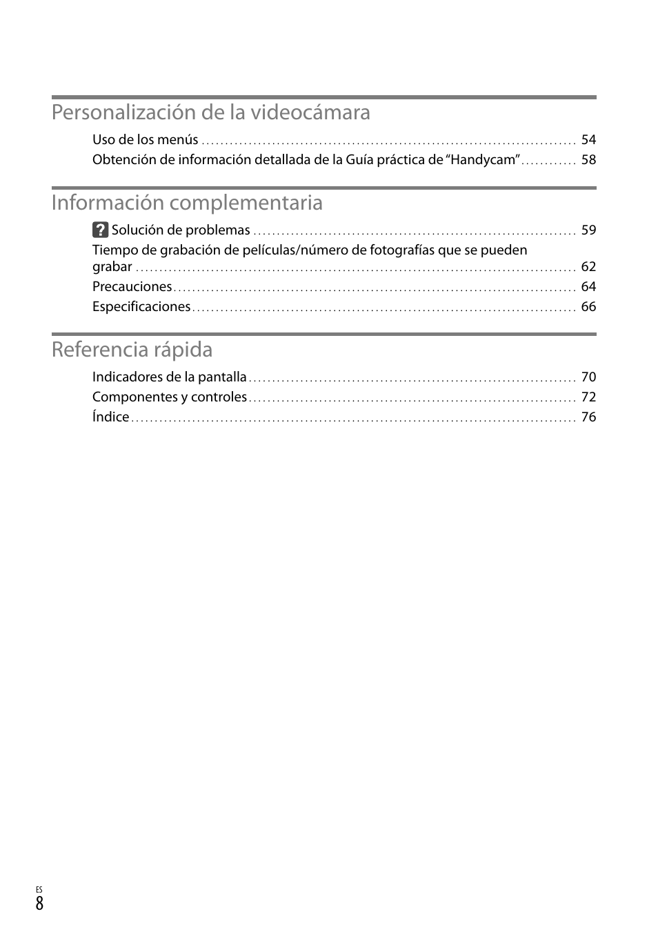 Personalización de la videocámara, Información complementaria, Referencia rápida | Sony NEX-VG30H User Manual | Page 86 / 155